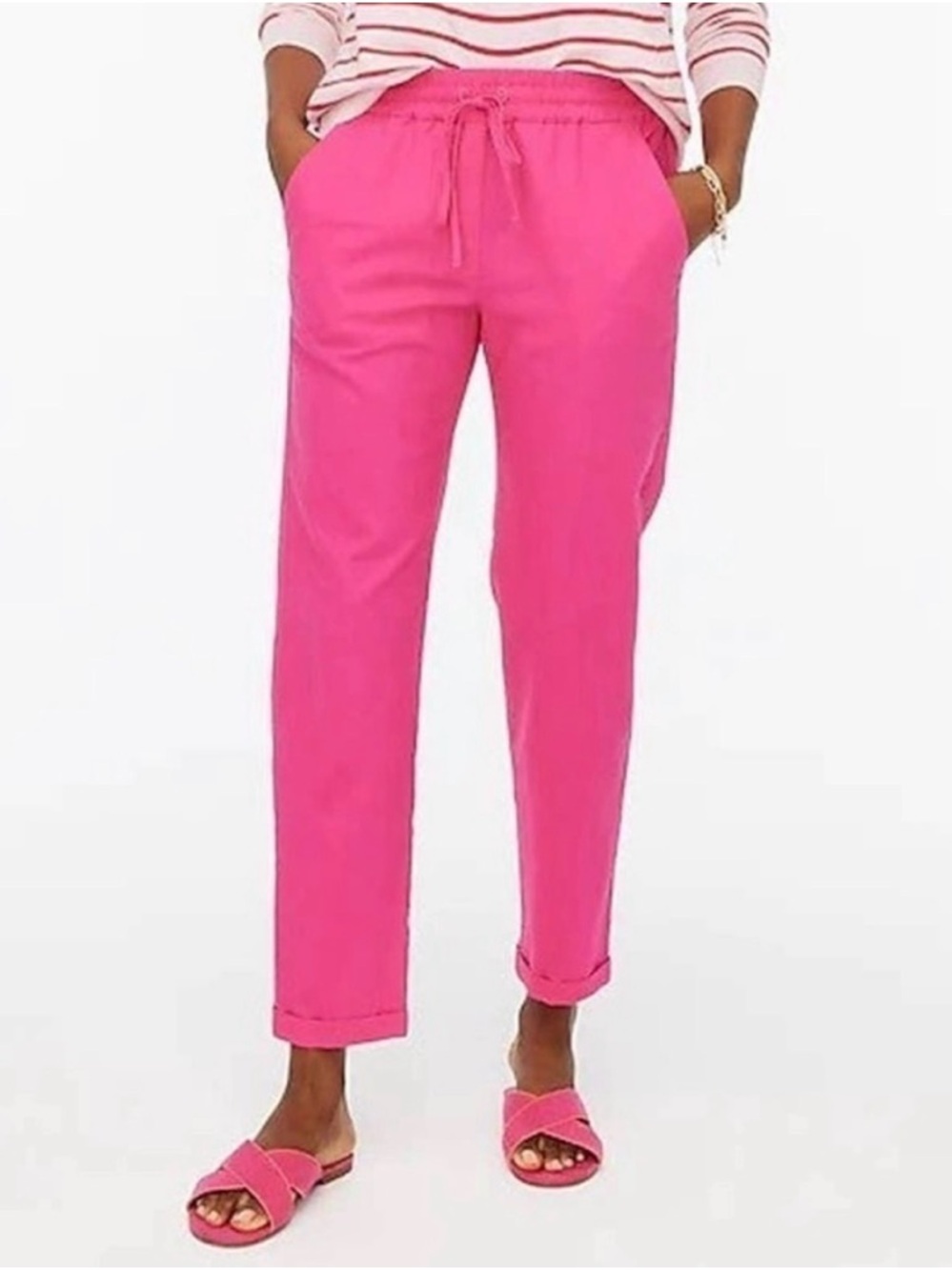 J. Crew Factoy Bright Pink Drawstring Ankle Pants Linen Cotton Blend